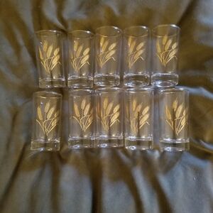Vintage Set of 10 Wheat Design Glasses With Gold Rim